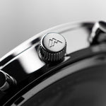 Close-up of a Matthew Mercury Chronograph Watch, detailed zoom in with a brand logo