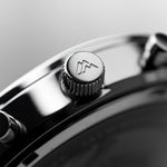 Close-up of a Matthew Mercury Chronograph Watch, detailed zoom in with a brand logo
