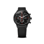 Black watch with a red detailed face on a white background