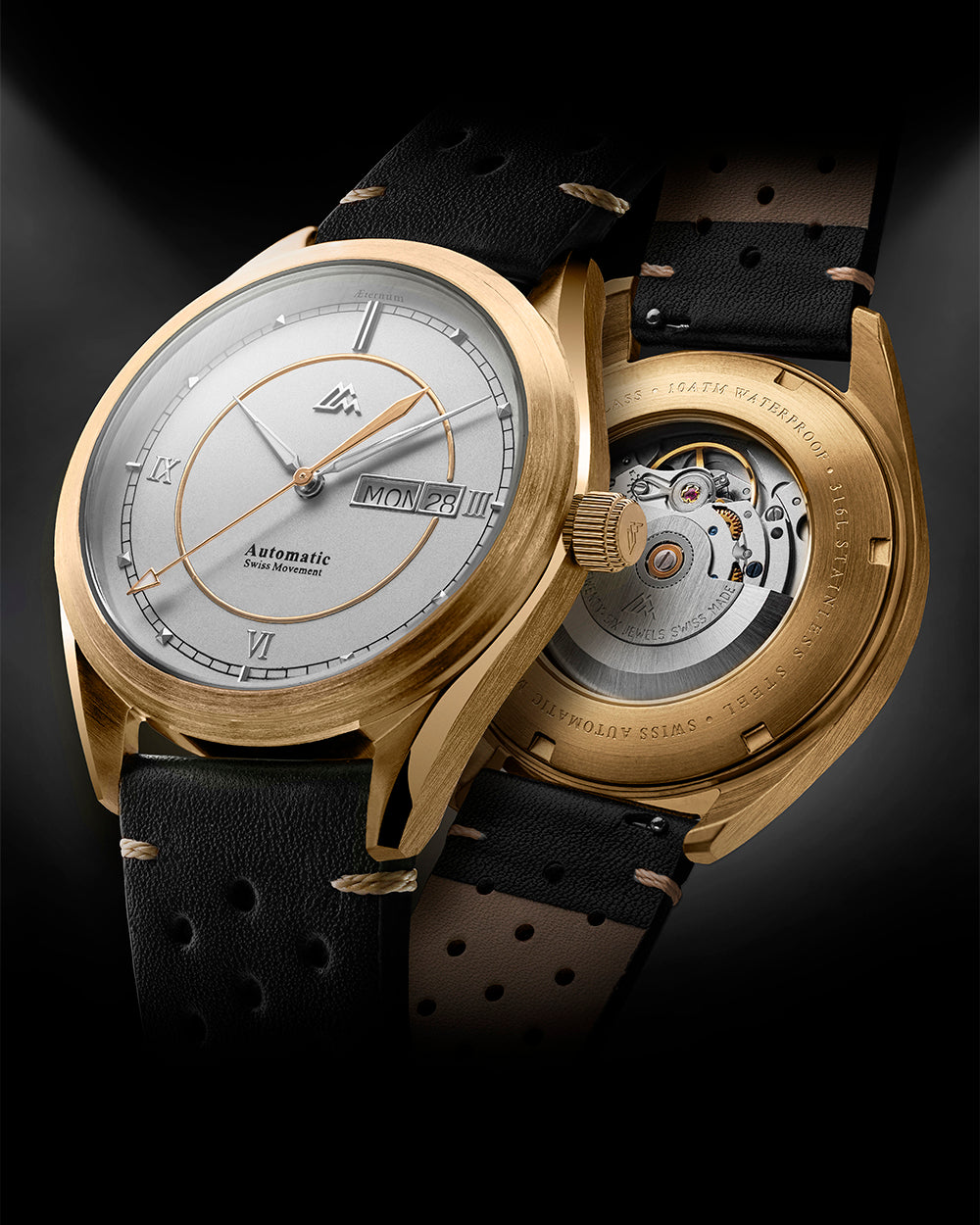 Æternum Automatic Swiss Sellita SW220‑1 watch with 18K gold‑plated case and black leather strap