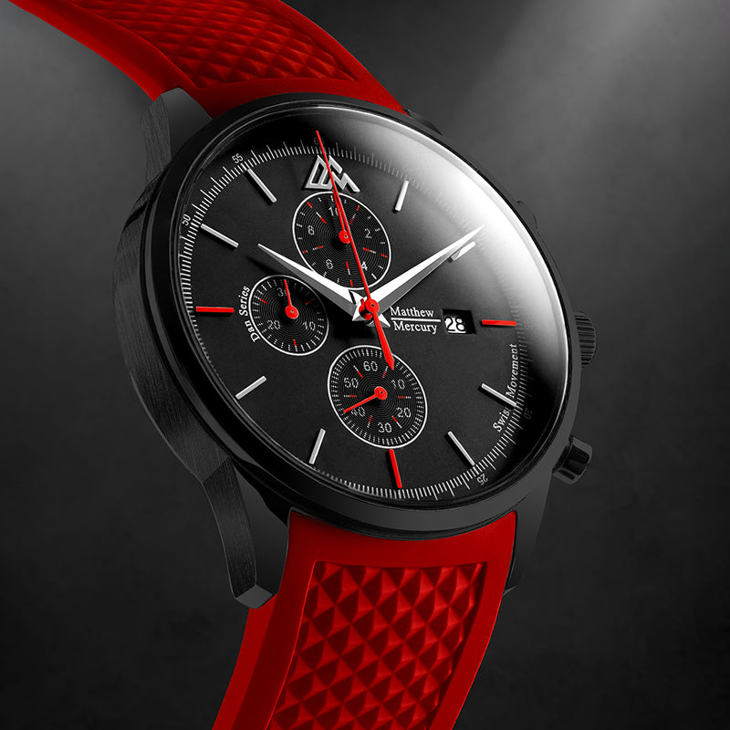 Wristwatch with black dial and red strap on a dark background