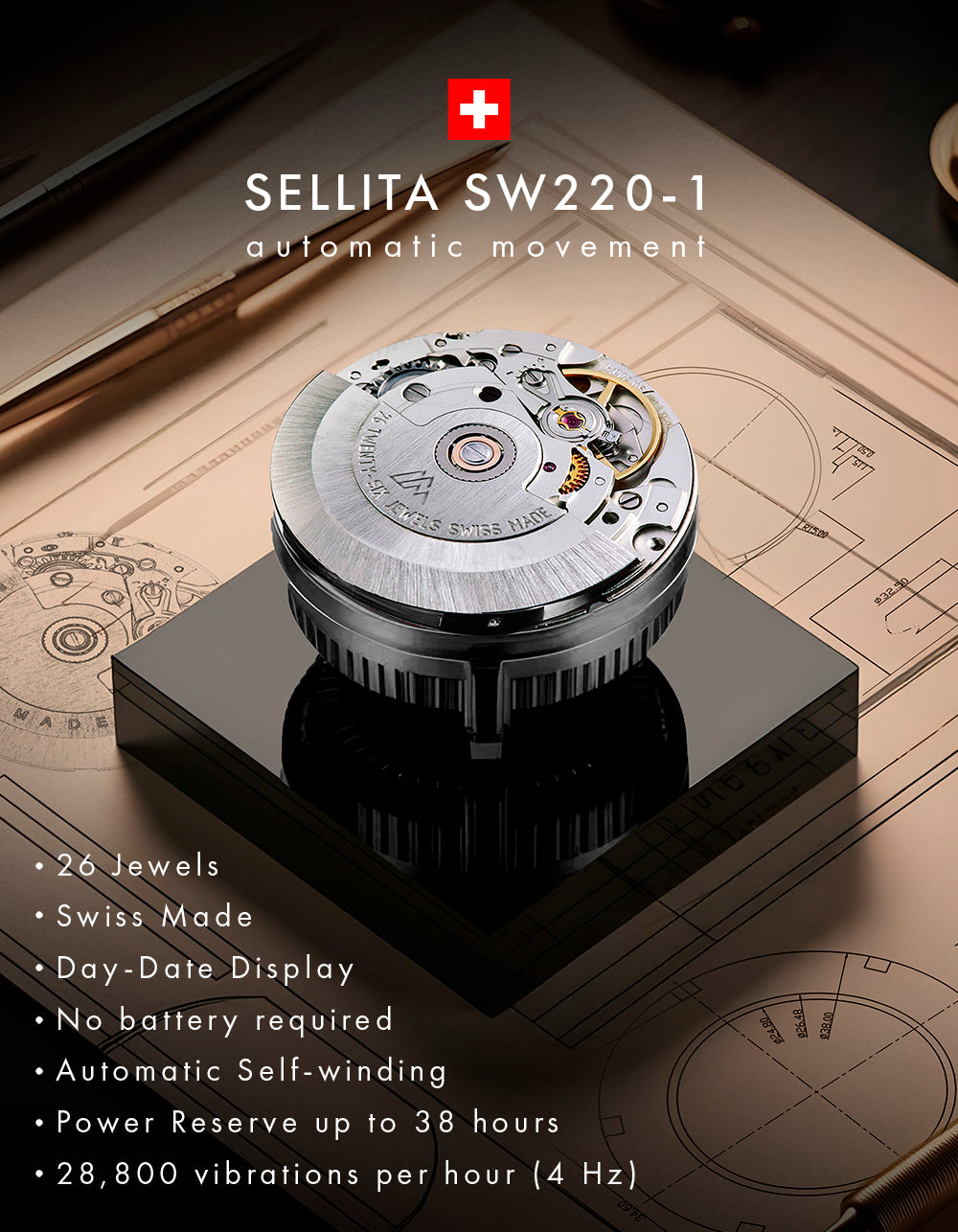 Æternum Automatic Swiss Sellita SW220‑1 watch with 18K gold‑plated case and black leather strap