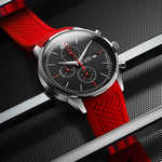 Matthew Mercury Chronograph Watch with red strap and black dial on a metallic background