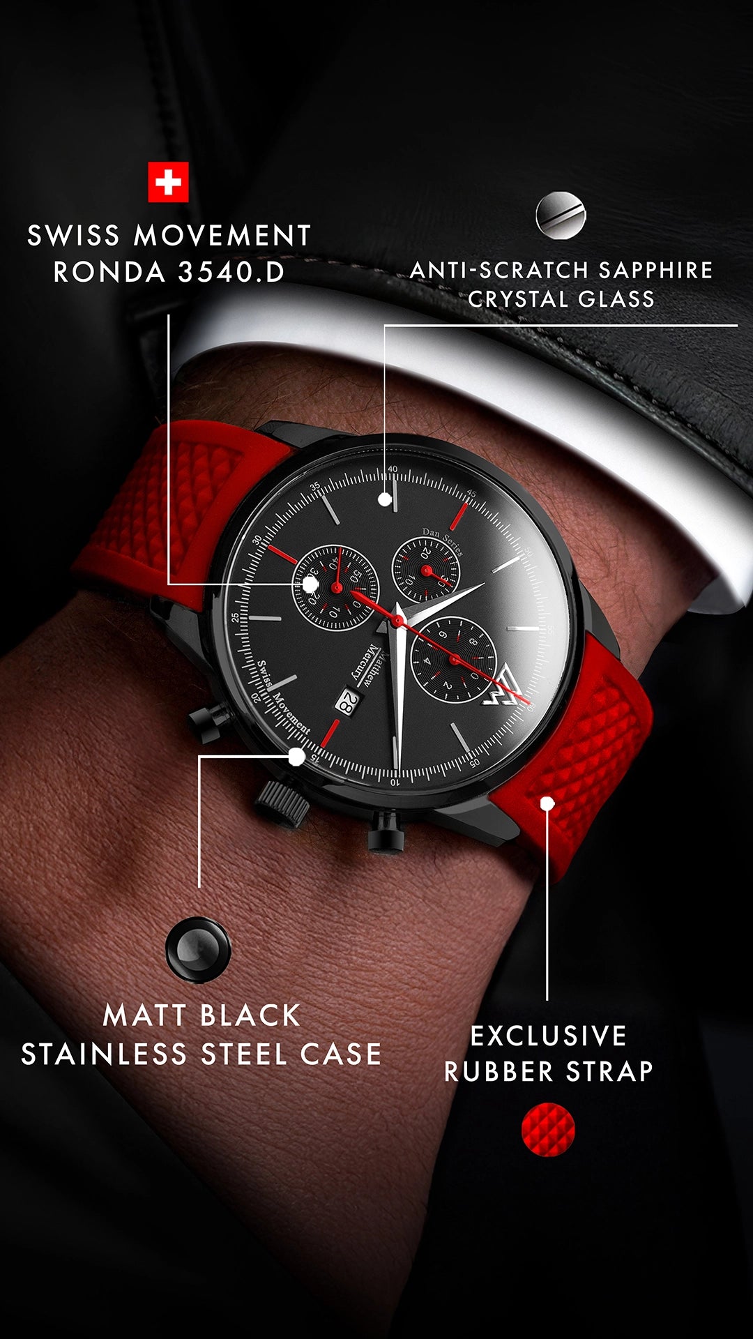 Chronograph watch, matt black steel 42mm case with red strap on wrist, labeled Swiss movement, anti-scratch sapphire crystal glass.